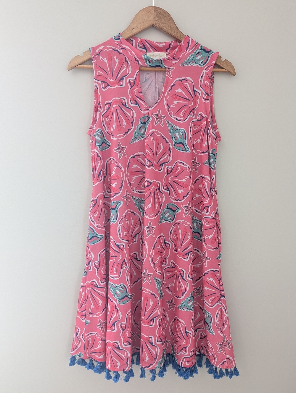 Simply Southern Shell Dress S Pink Keyhole Tassel Hem Beach Pockets